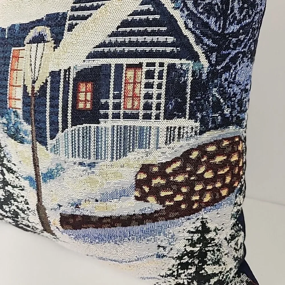 Snowy Cottage Tapestry Throw Pillow Christmas Holiday Cottagecore Decor